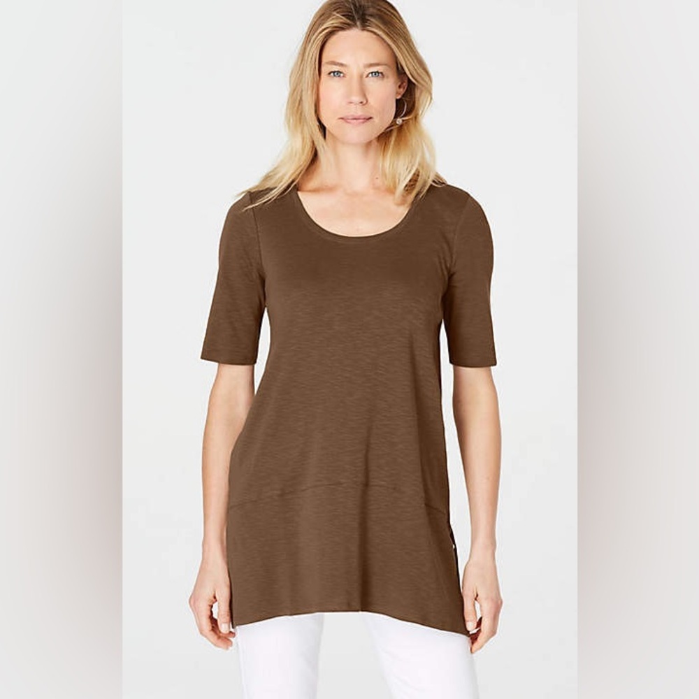 J Jill Brown Scoop Neck Pima Dipped-Hem Tunic - Medium